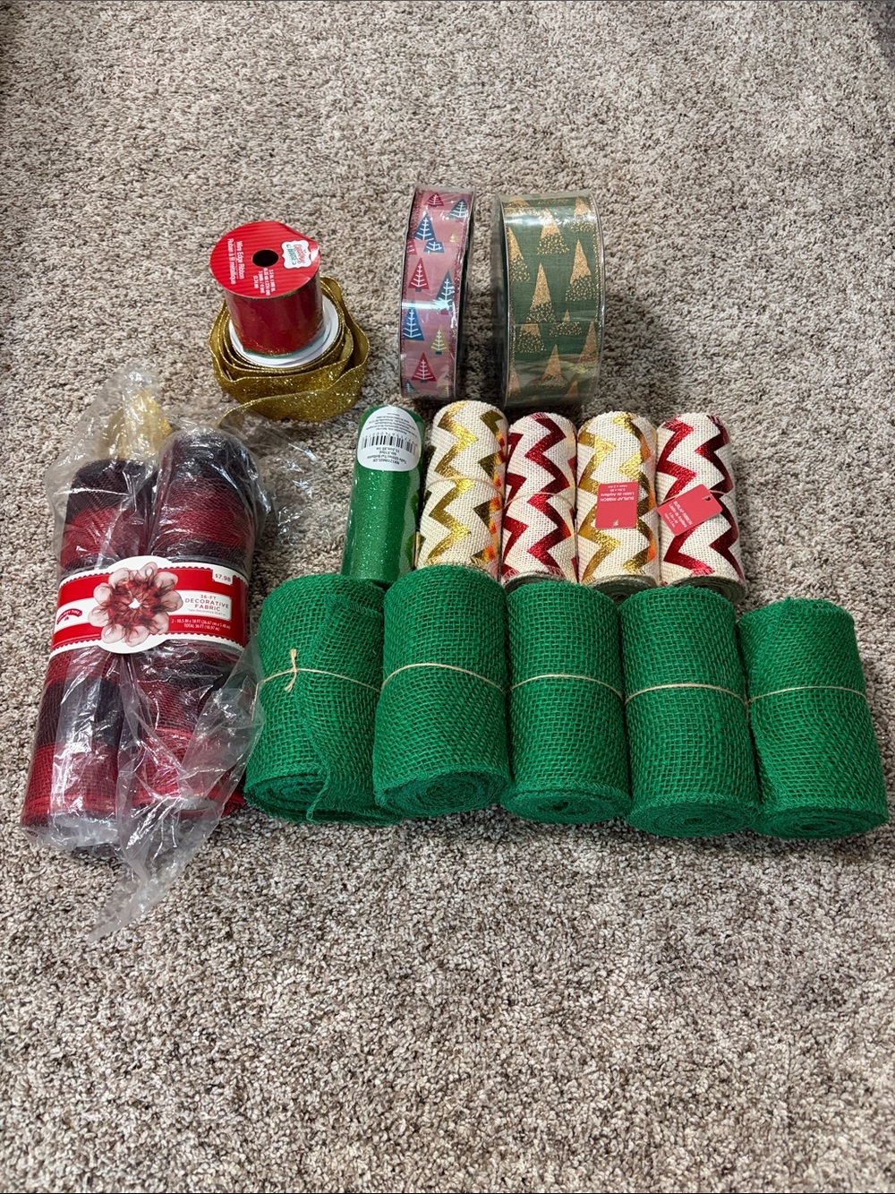Holiday Time Green Mesh Rolls with Red, Gold and White Accent Ribbons